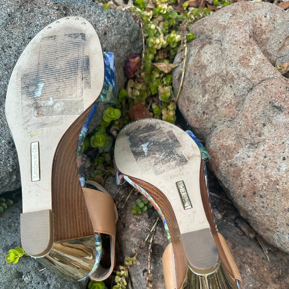 Louise et Cie Floral Wedge Heels | Gold Heel Leather Ankle Strap Sandals Size 6 - Picture 9 of 10